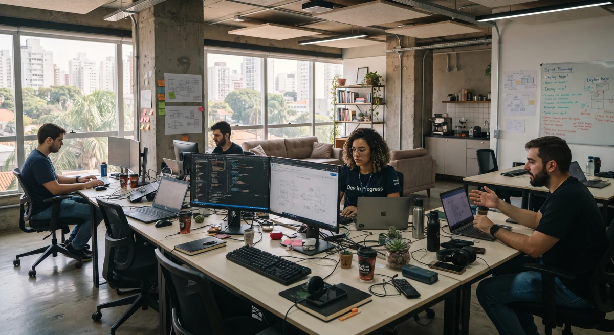 Equipe de desenvolvimento trabalhando em conjunto